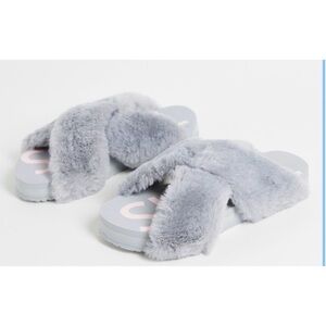 TOMS Susie Cross Strap Faux Fur Slippers Grey